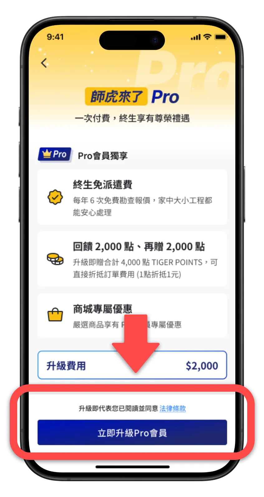 師虎 Pro 會員權益頁面的立即升級按鈕